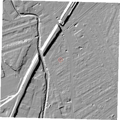 Shaded relief map of the ground around SW184EZ, computed from Environment Agency LiDAR. The ground here sits at about 9 m above sea level and falls 11 m across the surrounding 800 m. Surface water reaching this point runs off ground lying to the east, 1.2 m higher.