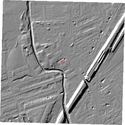 Shaded relief map of the ground around SW184FQ, computed from Environment Agency LiDAR. The ground here sits at about 9 m above sea level and falls 11 m across the surrounding 800 m. Surface water reaching this point runs off ground lying to the west, 3.3 m higher.