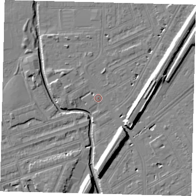 Shaded relief map of the ground around SW184FR, computed from Environment Agency LiDAR. The ground here sits at about 9 m above sea level and falls 11 m across the surrounding 800 m. Surface water reaching this point runs off ground lying to the south-east, 10.0 m higher.