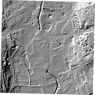 Shaded relief map of the ground around SW184FT, computed from Environment Agency LiDAR. The ground here sits at about 6 m above sea level and falls 18 m across the surrounding 800 m. Surface water reaching this point runs off ground lying to the east-south-east, 13.8 m higher.