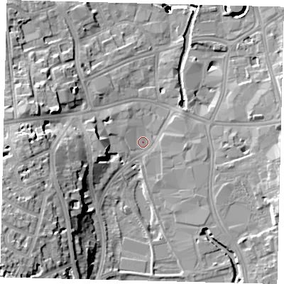 Shaded relief map of the ground around SW184FW, computed from Environment Agency LiDAR. The ground here sits at about 6 m above sea level and falls 44 m across the surrounding 800 m. Surface water reaching this point runs off ground lying to the south-west, 19.7 m higher.