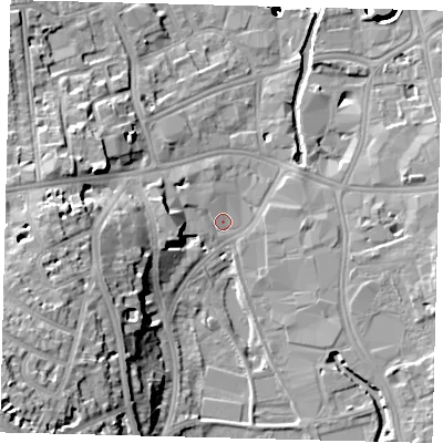 Shaded relief map of the ground around SW184FY, computed from Environment Agency LiDAR. The ground here sits at about 6 m above sea level and falls 45 m across the surrounding 800 m. Surface water reaching this point runs off ground lying to the north-west, 1.2 m higher.