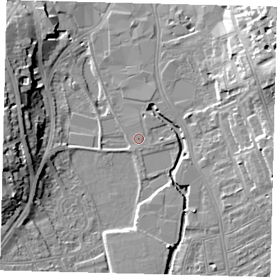 Shaded relief map of the ground around SW184GA, computed from Environment Agency LiDAR. The ground here sits at about 6 m above sea level and falls 16 m across the surrounding 800 m. Surface water reaching this point runs off ground lying to the north-north-east, 0.8 m higher.