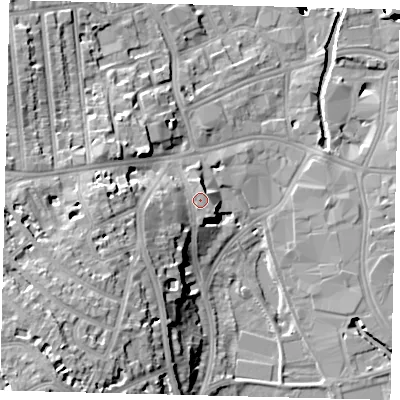 Shaded relief map of the ground around SW184GG, computed from Environment Agency LiDAR. The ground here sits at about 10 m above sea level and falls 45 m across the surrounding 800 m. The ground contributing surface water to this point lies to the south-south-east.