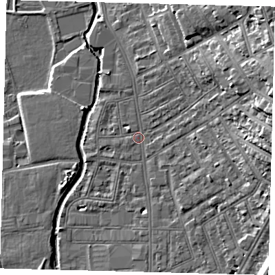 Shaded relief map of the ground around SW184GJ, computed from Environment Agency LiDAR. The ground here sits at about 8 m above sea level and falls 18 m across the surrounding 800 m. Surface water reaching this point runs off ground lying to the east-north-east, 15.6 m higher.