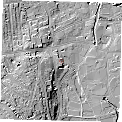 Shaded relief map of the ground around SW184GN, computed from Environment Agency LiDAR. The ground here sits at about 10 m above sea level and falls 45 m across the surrounding 800 m. Surface water reaching this point runs off ground lying to the north-west, 4.6 m higher.