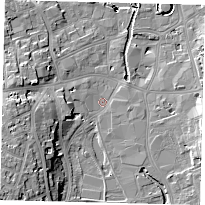 Shaded relief map of the ground around SW184GP, computed from Environment Agency LiDAR. The ground here sits at about 5 m above sea level and falls 43 m across the surrounding 800 m. Surface water reaching this point runs off ground lying to the south-west, 18.9 m higher.