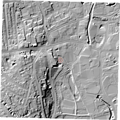 Shaded relief map of the ground around SW184GQ, computed from Environment Agency LiDAR. The ground here sits at about 6 m above sea level and falls 45 m across the surrounding 800 m. Surface water reaching this point runs off ground lying to the west-north-west, 4.7 m higher.
