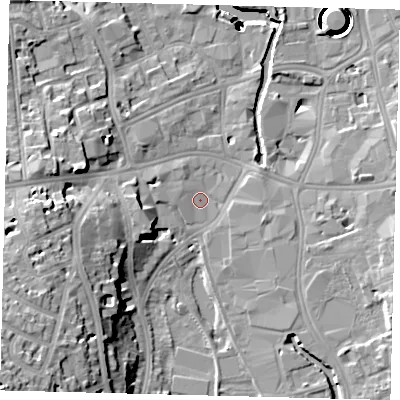Shaded relief map of the ground around SW184GS, computed from Environment Agency LiDAR. The ground here sits at about 6 m above sea level and falls 44 m across the surrounding 800 m. Surface water reaching this point runs off ground lying to the west, 1.9 m higher.