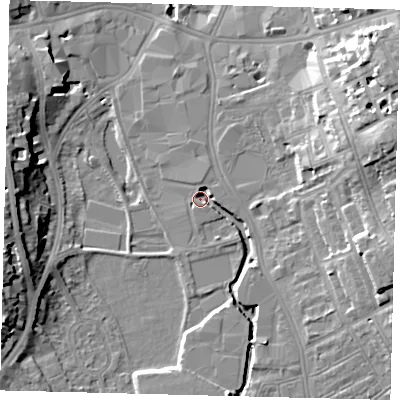 Shaded relief map of the ground around SW184GY, computed from Environment Agency LiDAR. The ground here sits at about 6 m above sea level and falls 17 m across the surrounding 800 m. Surface water reaching this point runs off ground lying to the east-north-east, 3.4 m higher.