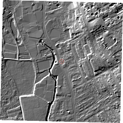 Shaded relief map of the ground around SW184GZ, computed from Environment Agency LiDAR. The ground here sits at about 7 m above sea level and falls 19 m across the surrounding 800 m. Surface water reaching this point runs off ground lying to the east, 5.9 m higher.