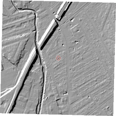 Shaded relief map of the ground around SW184HA, computed from Environment Agency LiDAR. The ground here sits at about 10 m above sea level and falls 11 m across the surrounding 800 m. Surface water reaching this point runs off ground lying to the north-east, 1.2 m higher.