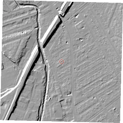 Shaded relief map of the ground around SW184HB, computed from Environment Agency LiDAR. The ground here sits at about 10 m above sea level and falls 11 m across the surrounding 800 m. Surface water reaching this point runs off ground lying to the east, 0.7 m higher.