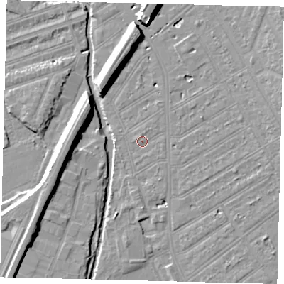 Shaded relief map of the ground around SW184HE, computed from Environment Agency LiDAR. The ground here sits at about 10 m above sea level and falls 11 m across the surrounding 800 m. Surface water reaching this point runs off ground lying to the east-north-east, 1.7 m higher.
