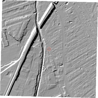 Shaded relief map of the ground around SW184HF, computed from Environment Agency LiDAR. The ground here sits at about 9 m above sea level and falls 10 m across the surrounding 800 m. Surface water reaching this point runs off ground lying to the east-north-east, 3.1 m higher.