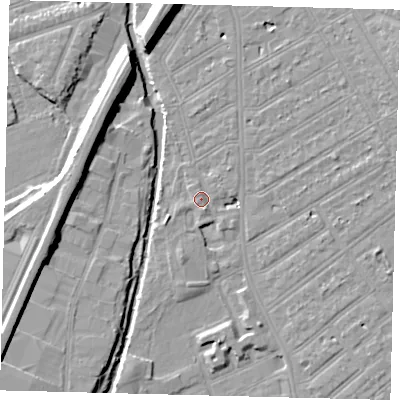 Shaded relief map of the ground around SW184HG, computed from Environment Agency LiDAR. The ground here sits at about 10 m above sea level and falls 10 m across the surrounding 800 m. Surface water reaching this point runs off ground lying to the south-south-east, 3.0 m higher.