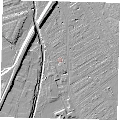 Shaded relief map of the ground around SW184HH, computed from Environment Agency LiDAR. The ground here sits at about 10 m above sea level and falls 10 m across the surrounding 800 m. Surface water reaching this point runs off ground lying to the south, 3.0 m higher.