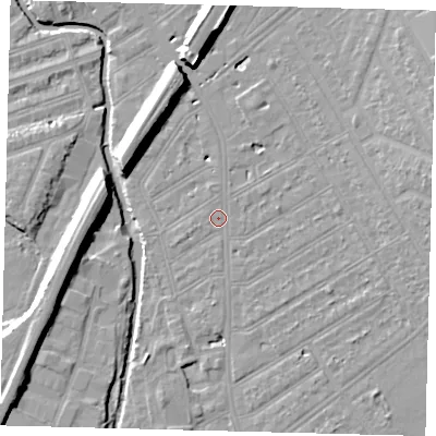 Shaded relief map of the ground around SW184HN, computed from Environment Agency LiDAR. The ground here sits at about 10 m above sea level and falls 11 m across the surrounding 800 m. Surface water reaching this point runs off ground lying to the east, 1.7 m higher.