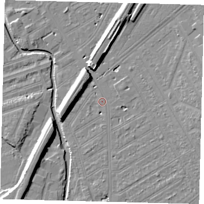 Shaded relief map of the ground around SW184HP, computed from Environment Agency LiDAR. The ground here sits at about 10 m above sea level and falls 11 m across the surrounding 800 m. Surface water reaching this point runs off ground lying to the east-south-east, 2.0 m higher.