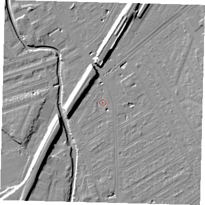 Shaded relief map of the ground around SW184HR, computed from Environment Agency LiDAR. The ground here sits at about 9 m above sea level and falls 11 m across the surrounding 800 m. Surface water reaching this point runs off ground lying to the south-west, 3.2 m higher.