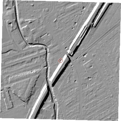 Shaded relief map of the ground around SW184HT, computed from Environment Agency LiDAR. The ground here sits at about 9 m above sea level and falls 11 m across the surrounding 800 m. Surface water reaching this point runs off ground lying to the east-south-east, 7.2 m higher.
