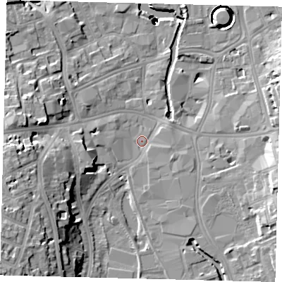 Shaded relief map of the ground around SW184HU, computed from Environment Agency LiDAR. The ground here sits at about 5 m above sea level and falls 43 m across the surrounding 800 m. Surface water reaching this point runs off ground lying to the west, 1.9 m higher.