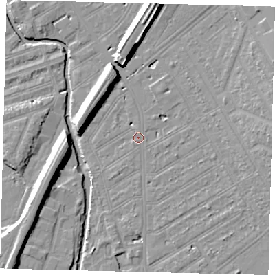 Shaded relief map of the ground around SW184HW, computed from Environment Agency LiDAR. The ground here sits at about 10 m above sea level and falls 11 m across the surrounding 800 m. Surface water reaching this point runs off ground lying to the south-west, 0.6 m higher.