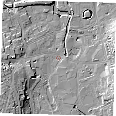 Shaded relief map of the ground around SW184HY, computed from Environment Agency LiDAR. The ground here sits at about 5 m above sea level and falls 42 m across the surrounding 800 m. Surface water reaching this point runs off ground lying to the west, 3.0 m higher.