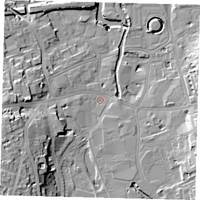 Shaded relief map of the ground around SW184HZ, computed from Environment Agency LiDAR. The ground here sits at about 5 m above sea level and falls 42 m across the surrounding 800 m. Surface water reaching this point runs off ground lying to the west-south-west, 15.7 m higher.