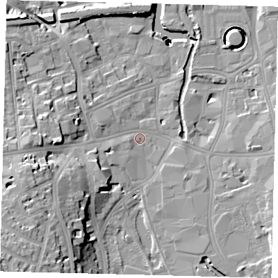 Shaded relief map of the ground around SW184JA, computed from Environment Agency LiDAR. The ground here sits at about 5 m above sea level and falls 43 m across the surrounding 800 m. Surface water reaching this point runs off ground lying to the west-south-west, 14.1 m higher.