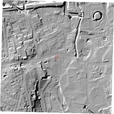 Shaded relief map of the ground around SW184JB, computed from Environment Agency LiDAR. The ground here sits at about 6 m above sea level and falls 44 m across the surrounding 800 m. Surface water reaching this point runs off ground lying to the west-south-west, 14.1 m higher.