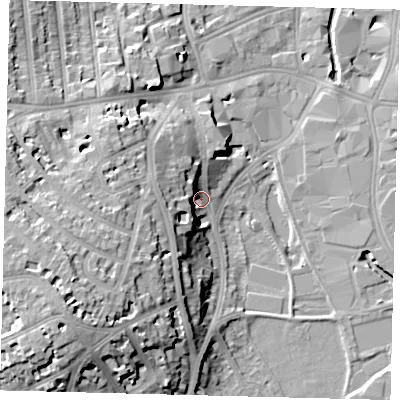 Shaded relief map of the ground around SW184JF, computed from Environment Agency LiDAR. The ground here sits at about 7 m above sea level and falls 23 m across the surrounding 800 m. Surface water reaching this point runs off ground lying to the west-south-west, 18.5 m higher.