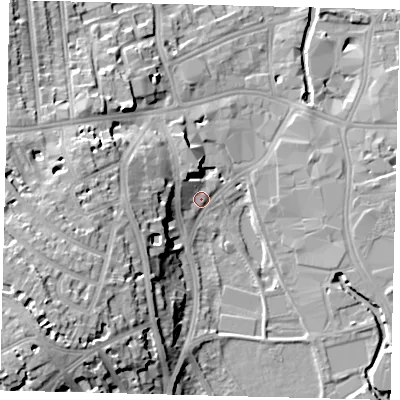 Shaded relief map of the ground around SW184JG, computed from Environment Agency LiDAR. The ground here sits at about 6 m above sea level and falls 23 m across the surrounding 800 m. Surface water reaching this point runs off ground lying to the west-south-west, 20.6 m higher.