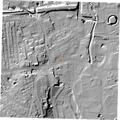 Shaded relief map of the ground around SW184JP, computed from Environment Agency LiDAR. The ground here sits at about 6 m above sea level and falls 44 m across the surrounding 800 m. Surface water reaching this point runs off ground lying to the south-west, 16.1 m higher.