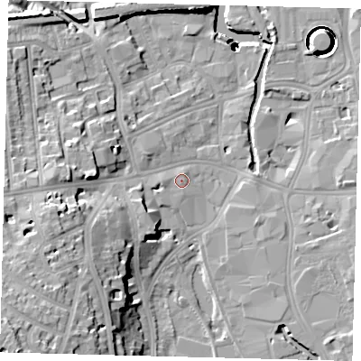 Shaded relief map of the ground around SW184JS, computed from Environment Agency LiDAR. The ground here sits at about 6 m above sea level and falls 44 m across the surrounding 800 m. Surface water reaching this point runs off ground lying to the west-south-west, 2.2 m higher.