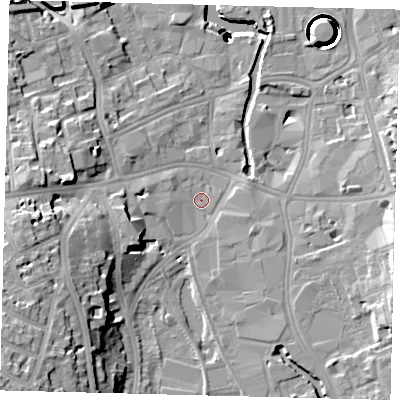 Shaded relief map of the ground around SW184JT, computed from Environment Agency LiDAR. The ground here sits at about 5 m above sea level and falls 43 m across the surrounding 800 m. Surface water reaching this point runs off ground lying to the west-south-west, 1.9 m higher.