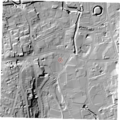 Shaded relief map of the ground around SW184JY, computed from Environment Agency LiDAR. The ground here sits at about 5 m above sea level and falls 43 m across the surrounding 800 m. Surface water reaching this point runs off ground lying to the west-south-west, 1.9 m higher.