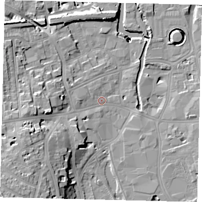 Shaded relief map of the ground around SW184LA, computed from Environment Agency LiDAR. The ground here sits at about 6 m above sea level and falls 44 m across the surrounding 800 m. Surface water reaching this point runs off ground lying to the south-west, 14.0 m higher.