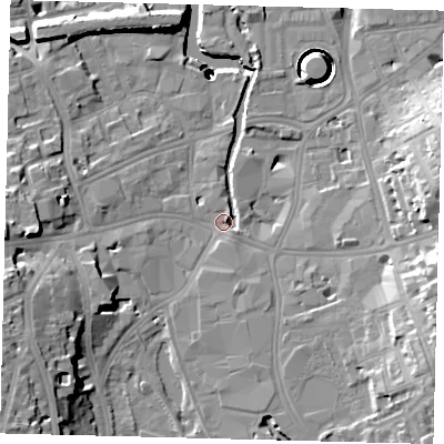 Shaded relief map of the ground around SW184LB, computed from Environment Agency LiDAR. The ground here sits at about 5 m above sea level and falls 40 m across the surrounding 800 m. Surface water reaching this point runs off ground lying to the west-south-west, 3.0 m higher.