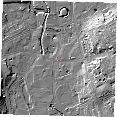 Shaded relief map of the ground around SW184LD, computed from Environment Agency LiDAR. The ground here sits at about 6 m above sea level and falls 41 m across the surrounding 800 m. Surface water reaching this point runs off ground lying to the east-south-east, 16.5 m higher.