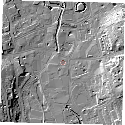 Shaded relief map of the ground around SW184LH, computed from Environment Agency LiDAR. The ground here sits at about 6 m above sea level and falls 39 m across the surrounding 800 m. Surface water reaching this point runs off ground lying to the south-south-west, 1.1 m higher.
