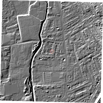 Shaded relief map of the ground around SW184LJ, computed from Environment Agency LiDAR. The ground here sits at about 7 m above sea level and falls 15 m across the surrounding 800 m. Surface water reaching this point runs off ground lying to the north-north-west, 0.9 m higher.