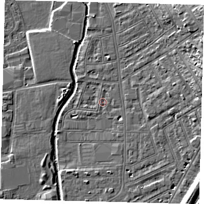 Shaded relief map of the ground around SW184LL, computed from Environment Agency LiDAR. The ground here sits at about 8 m above sea level and falls 16 m across the surrounding 800 m. Surface water reaching this point runs off ground lying to the south-east, 2.2 m higher.