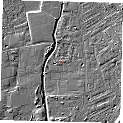 Shaded relief map of the ground around SW184LN, computed from Environment Agency LiDAR. The ground here sits at about 8 m above sea level and falls 13 m across the surrounding 800 m. Surface water reaching this point runs off ground lying to the east, 1.1 m higher.