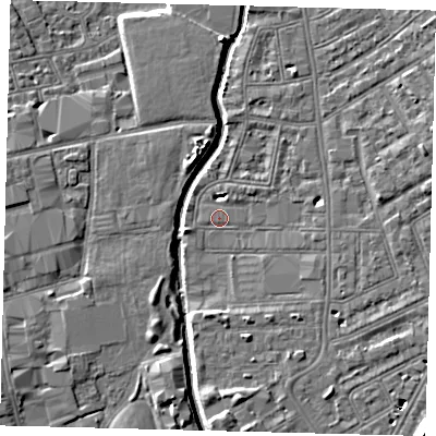 Shaded relief map of the ground around SW184LR, computed from Environment Agency LiDAR. The ground here sits at about 7 m above sea level and falls 11 m across the surrounding 800 m. Surface water reaching this point runs off ground lying to the south-east, 2.3 m higher.