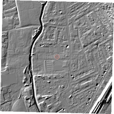 Shaded relief map of the ground around SW184LT, computed from Environment Agency LiDAR. The ground here sits at about 8 m above sea level and falls 13 m across the surrounding 800 m. Surface water reaching this point runs off ground lying to the south-south-east, 1.6 m higher.