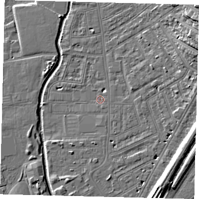 Shaded relief map of the ground around SW184LU, computed from Environment Agency LiDAR. The ground here sits at about 8 m above sea level and falls 17 m across the surrounding 800 m. Surface water reaching this point runs off ground lying to the east-south-east, 0.8 m higher.