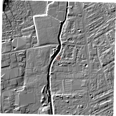 Shaded relief map of the ground around SW184LW, computed from Environment Agency LiDAR. The ground here sits at about 7 m above sea level and falls 10 m across the surrounding 800 m. Surface water reaching this point runs off ground lying to the north-east, 9.6 m higher.