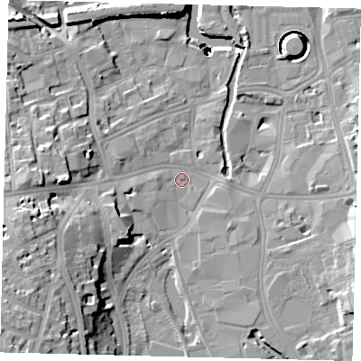 Shaded relief map of the ground around SW184LX, computed from Environment Agency LiDAR. The ground here sits at about 5 m above sea level and falls 42 m across the surrounding 800 m. Surface water reaching this point runs off ground lying to the west-south-west, 15.4 m higher.