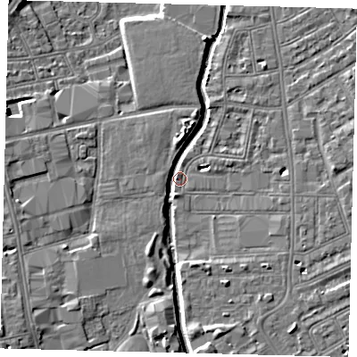 Shaded relief map of the ground around SW184LY, computed from Environment Agency LiDAR. The ground here sits at about 7 m above sea level and falls 7 m across the surrounding 800 m. Surface water reaching this point runs off ground lying to the south-east, 3.9 m higher.